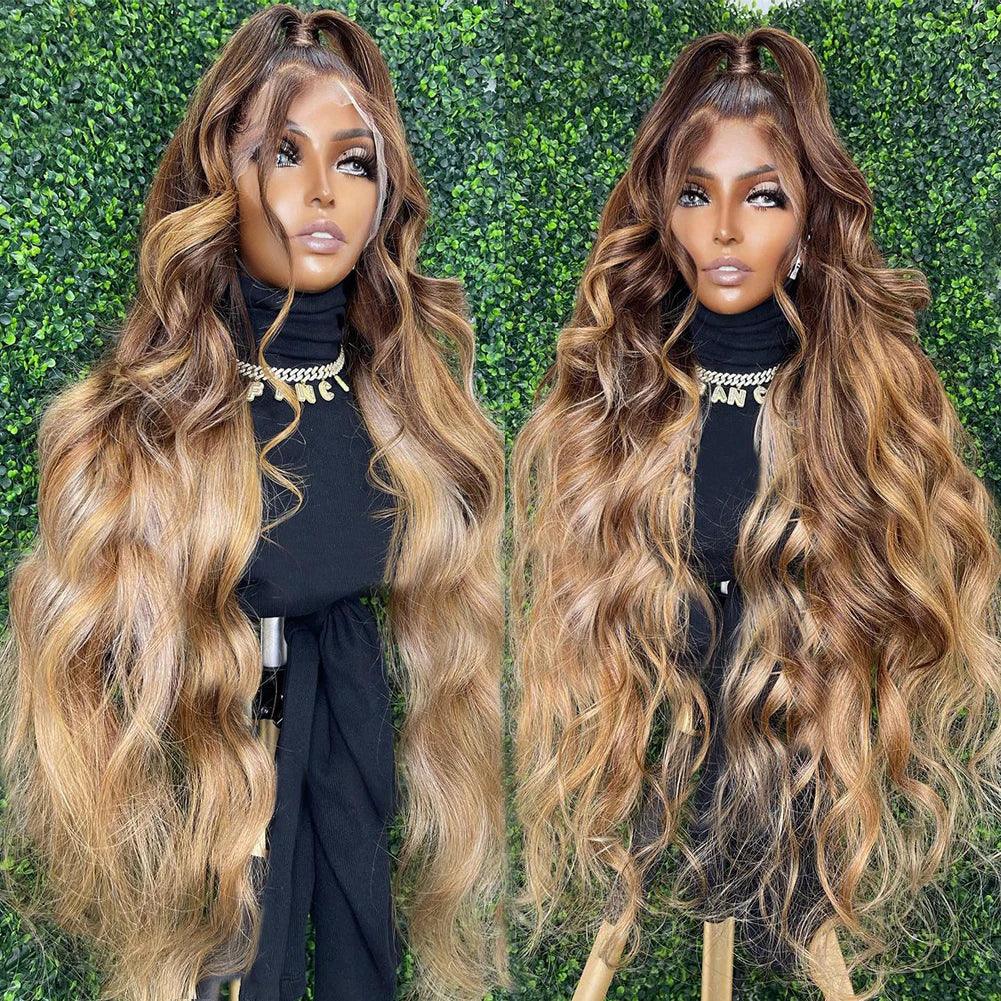 13x4 Lace Frontal Human Hair Wigs Body Wave #4/27 Highlight Brown