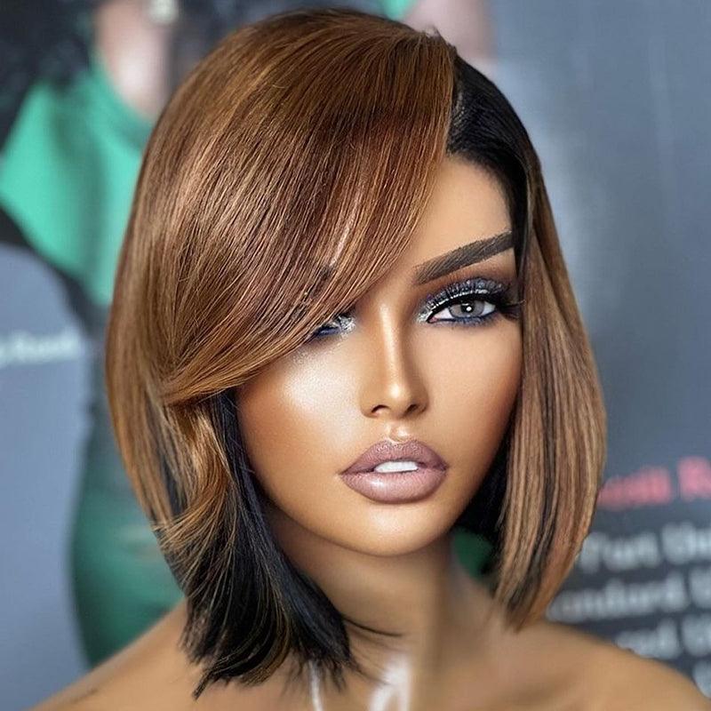 13x4 Ombre Brown Colored Bob Lace Frontal Wig Human Hair Brazilian Straight