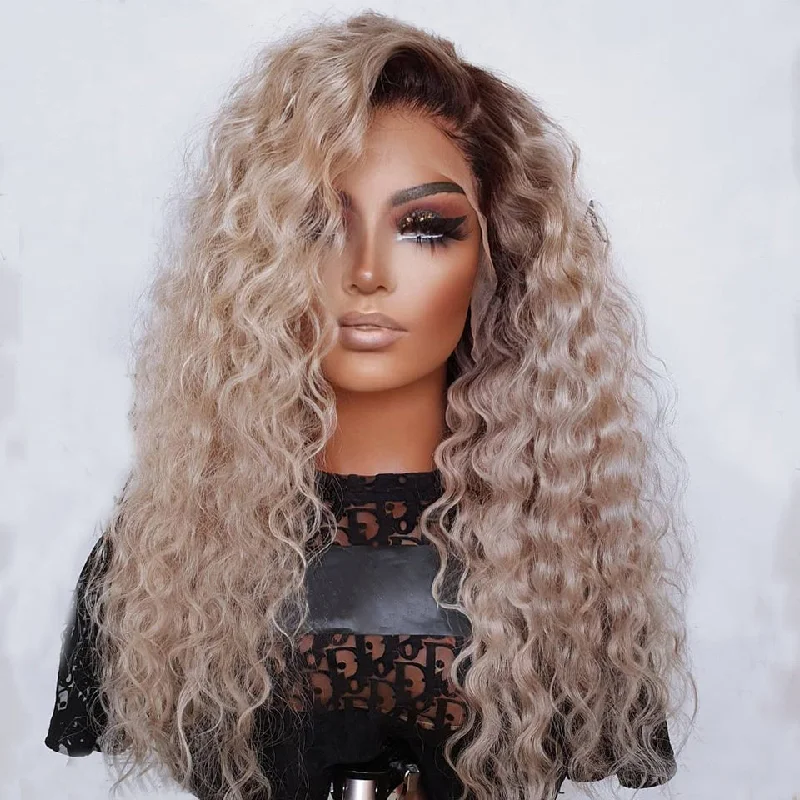 30 Inch Love Hair Curly Brown Ombre Blonde Human Hair Peruvian Remy 13x4 HD Transparent Lace Frontal Wigs For Black Women