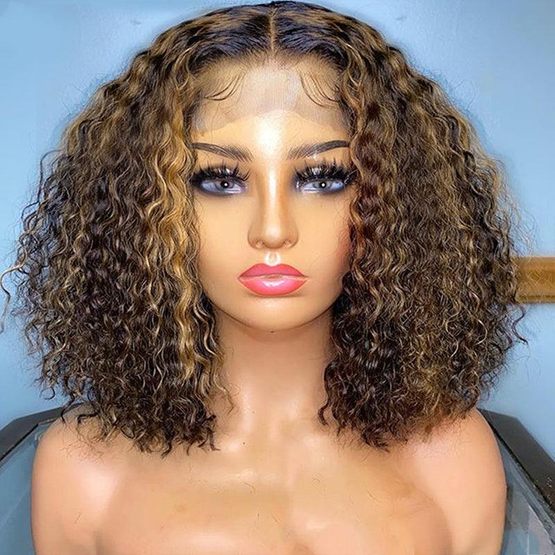 4x4/13x4 Lace Wig #4/27 Highlight Brown Colored Curly Bob Human Hair Wigs