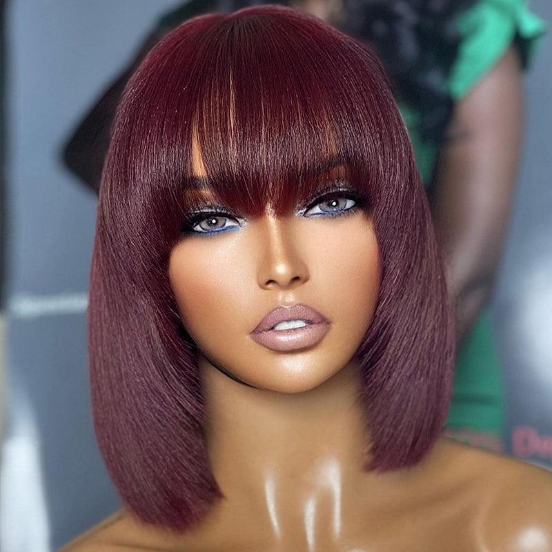 99J/Burgundy Color Glueless Wig Wear Go Brazilian Straight Bob Human Hair Wig With Bangs