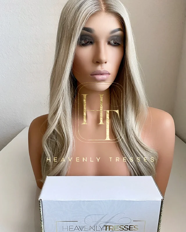 European Wig: Violet Wheat Ash Stretch Rooting w/ Ash Platinum Blonde Balayage - "Amy"