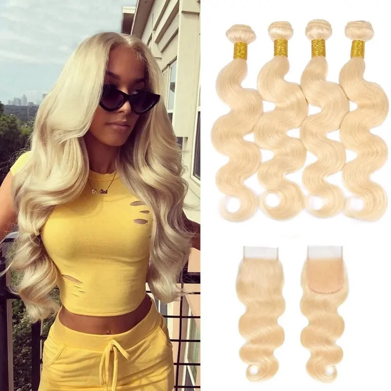 Best Selling 613 Blonde Hair Weave 4 Bundles With Closure Virgin Remy 100% Natural Brazilian Human Hair Straight Extension