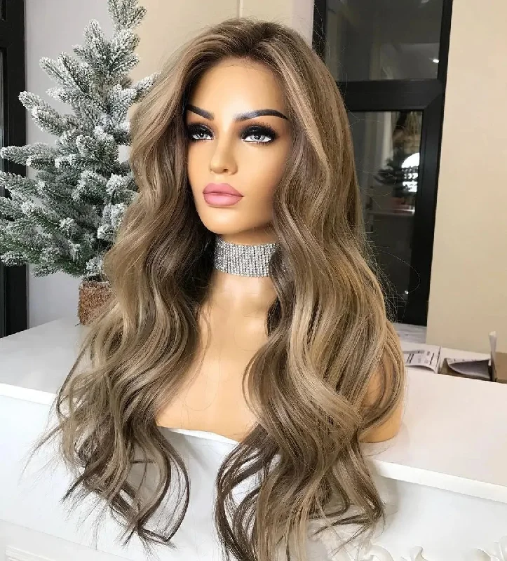 Brown Highlight Color Human Hair Wigs Water Wave