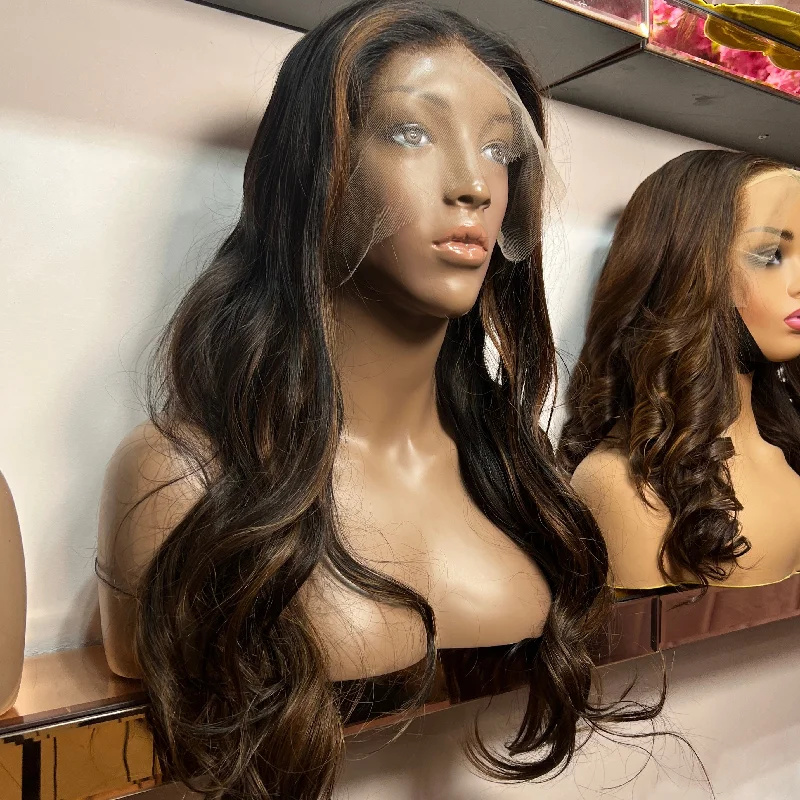 Luxury Brown Highlights Custom Colour - 22" inch Body Wave Frontal Lace Wig - HD Lace 242