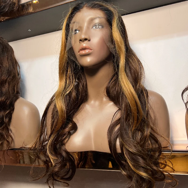 Luxury Brown Highlights Custom Colour - 20" inch Body Wave Frontal Lace Wig - HD Lace 263