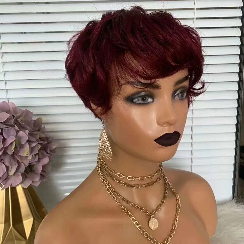 Cheap Pixie Cut Human Hair Wig Good Quality 12A Super Double Drawn Straigh Red Black Color Pixie Cut Short Hair Wig