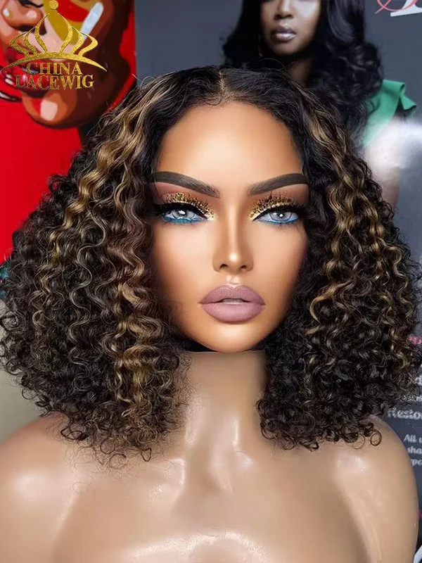 Chinalacewig 8x6 Royal 007 Lace Wig Wear &Go Breathable Cap Blonde Highlights Curly Wig CL03