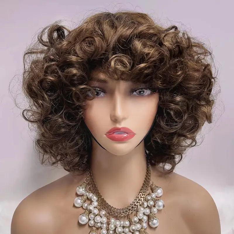 Fluffy Glueless Bouncy Curly Wig Wear Go Highlight Brown Bob Brazilian Human Hair