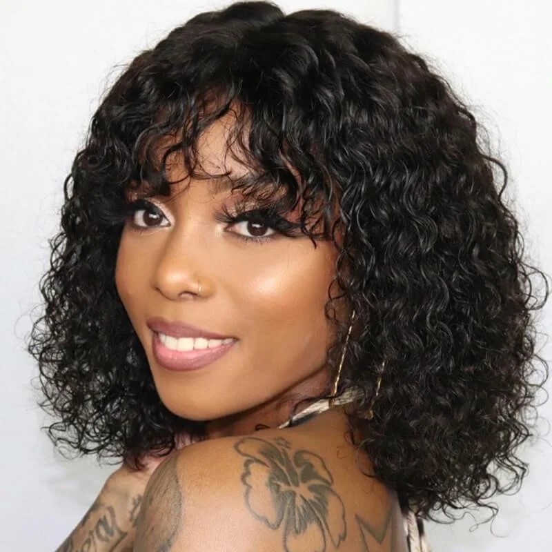 Curly Glueless Wig Brazilian Human Hair Wig With Bangs