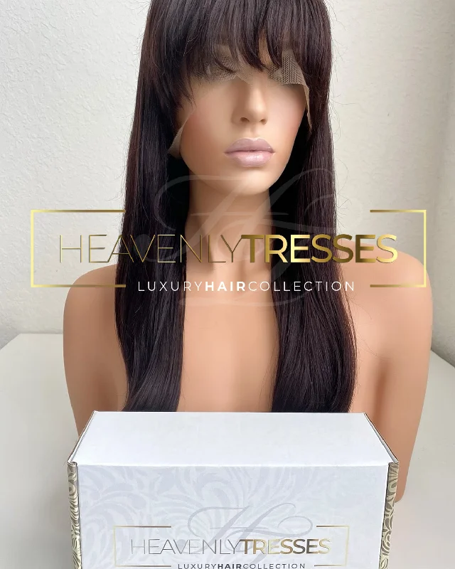 Custom Lace Wig:  Natural Straight Dark Brown with Front Bangs - "Selena"  [Made-to-Order]