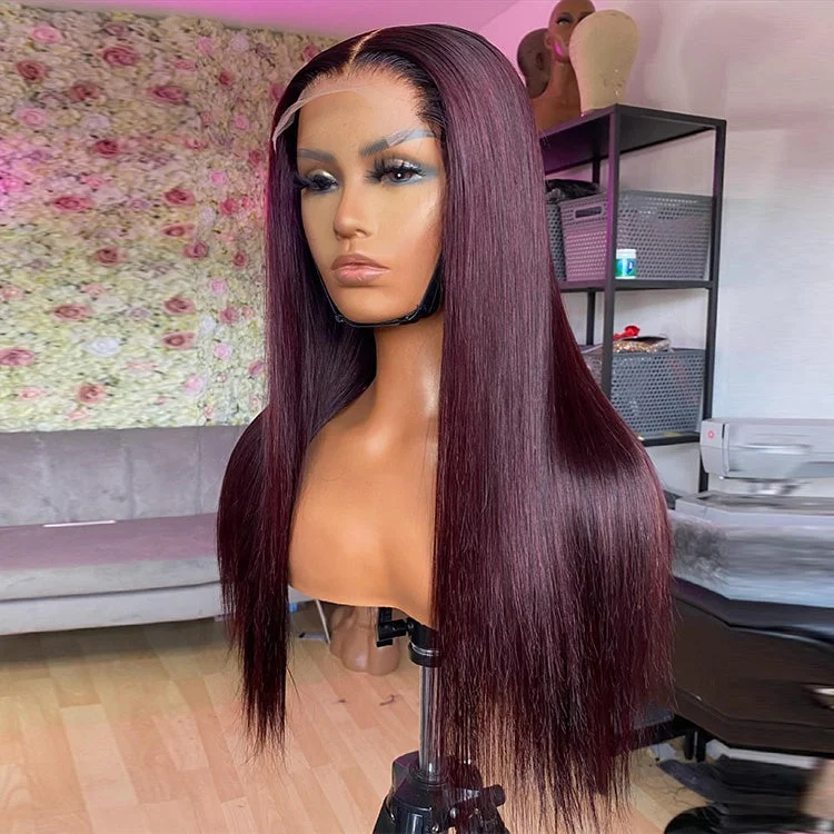 Dark 99j Color Straight hair 100% Virgin Human Hair 4*4 lace closure wigs with Natural Hairline