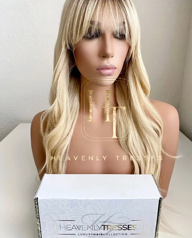 European Wig: Ash Blonde with Bronde Rooted Ombre' with Front Bangs - "Anna"