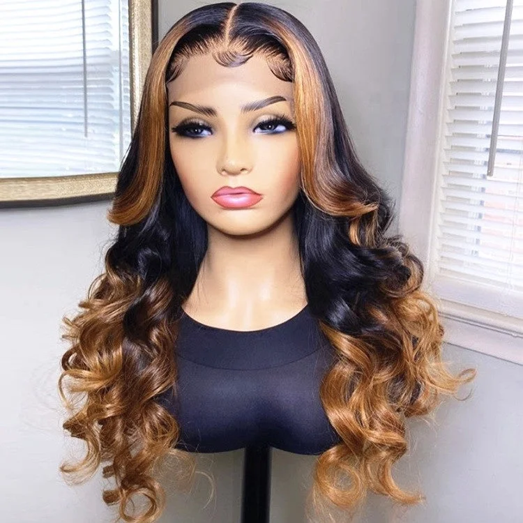 Free Shipping Ombre Honey Brown Blonde Color Water Wave Virgin Malaysian Human Hair Lace Front Wigs