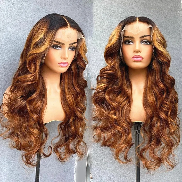 Ginger Brown Highlight Color Pre Plucked Loose Wave Full Cuticle Aligned Human Hair HD Lace Front Wigs