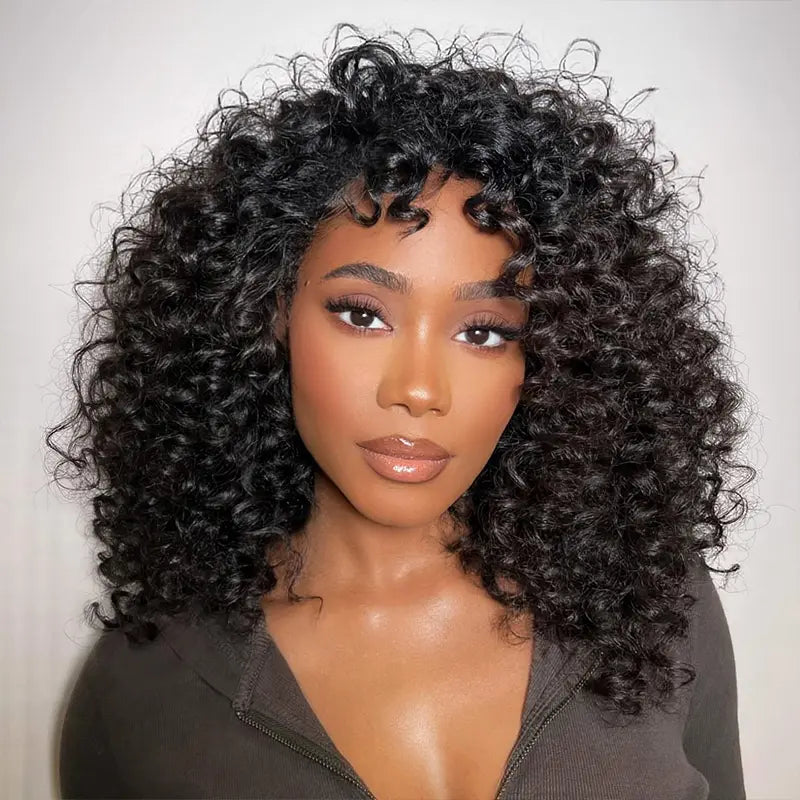 Glueless Bob Wig With Bouncy Bangs Water Curly Textured Human Hair