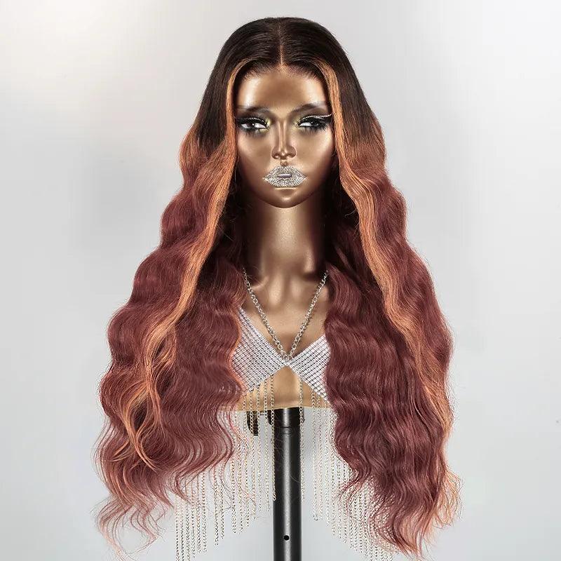 7x5 13x4 Glueless Gradient Reddish Brown Human Hair Body Wave Frontal Wig