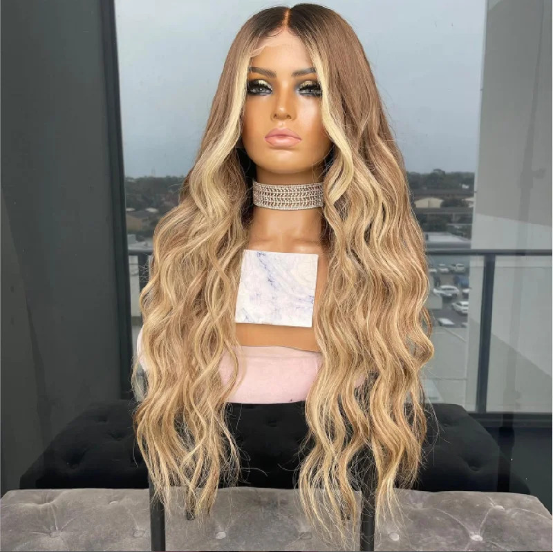 HD Wig Ombre Medium Ash Blonde Highlight Light Brown Wave Style Full Virgin Cuticle Human Hair Lace Front Wigs