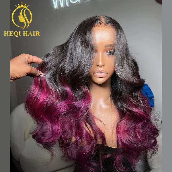 Highlight Wig Two Tone Ombre 1b/purple Color  Long Length HD Lace Front Closure Wig Remy Virgin 613  Colored Human Hair Wigs