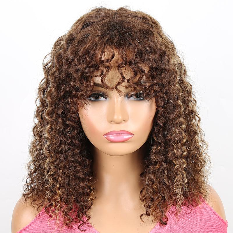 Honey Brown Highlight Brazilian Curly Human Hair Wig With Bangs