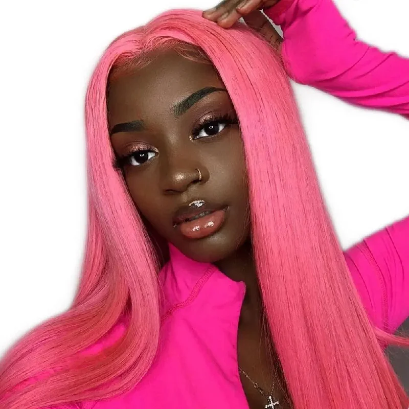 ISEE HAIR Long Pink Lace Front Human Hair Wigs