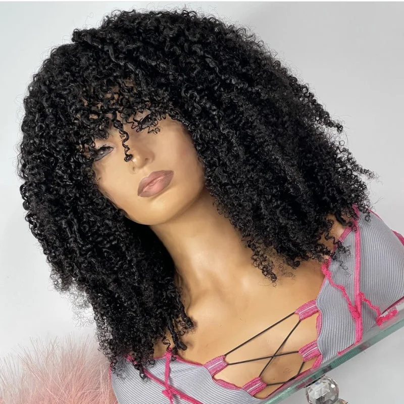 kinky curly human hair with bangs brazilian hd lace front wigs for black women 	 hd lace wig raw hair wholesale vendor