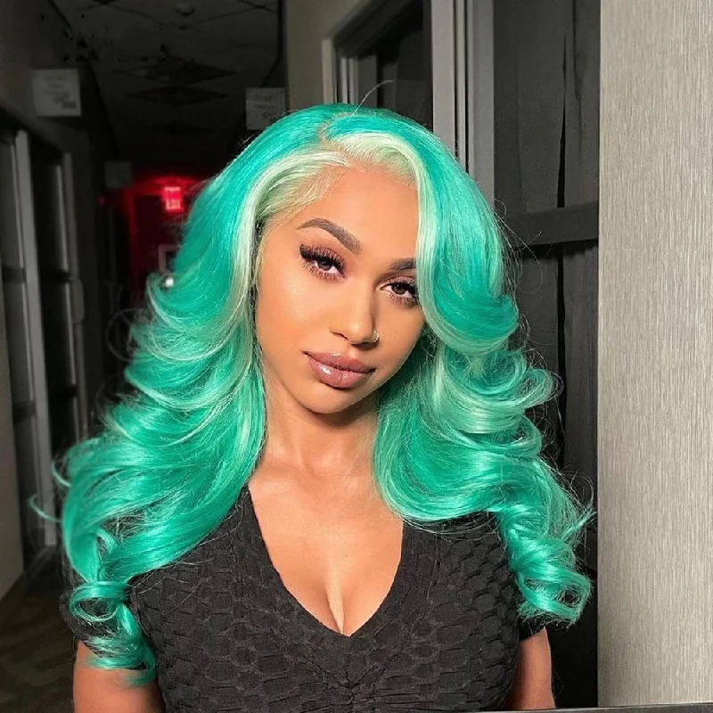 Mint Green Highlight Human Hair Loose Wave Lace Front Wig Colored Human Hair Wigs For Women HD Transparent Lace Frontal Wig