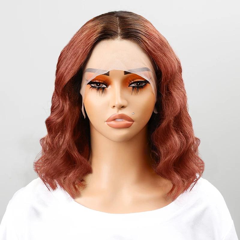 13x4 T-Shape Natural Wave Ombre Orange Bob Wig Lace Frontal Human Hair