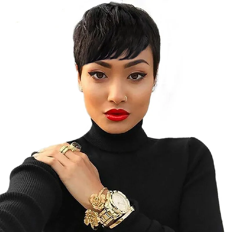 Pixie Cut Machine Made Wigs Short Human Hair Wigs for Black Women Short Straight Black Ladies Wigs 1B Color