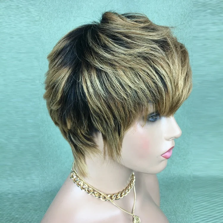 Pixie Cut wig Black 1b/27 Honey Blonde Short Virgin Human Hair None lace Machine made wigs