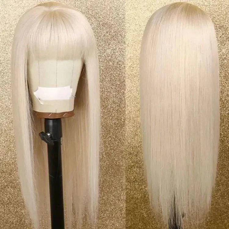 Premier 22inch White Blonde Color 150% Density Silky Straight 100% European Virgin Human Hair 13*6 Lace Front Wigs With Bangs