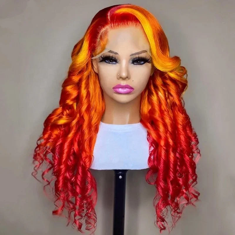 Rainbow Colorful Wig Supplier Red Yellow Super Wave Cambodian Cuticle Aligned Human Hair HD Lace Front Wigs