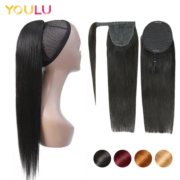 Real hair ponytail clip in straight water wave remy human hair extensions drawstring net for ponytail