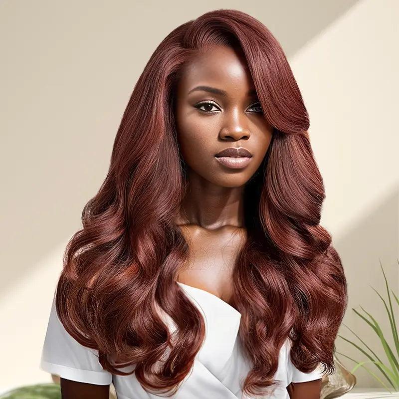 7x5 13x4 C Part Glueless Reddish Brown Body Wave Human Hair Frontal Wig