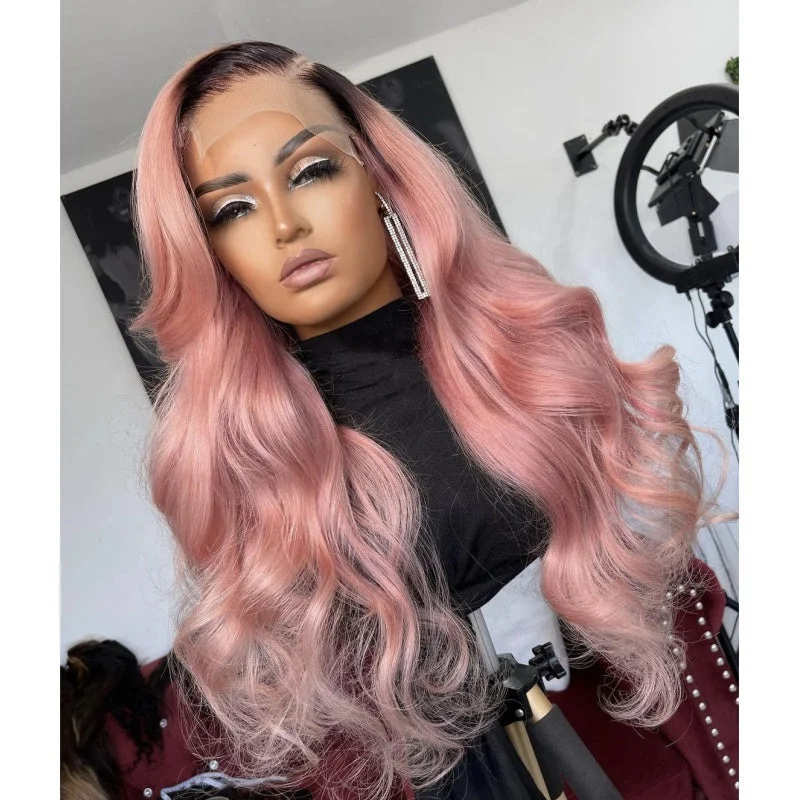 Romantic pink colors sexy body wave human hair lace frontal wigs for black women 200 density HD  13*6 lace front wig