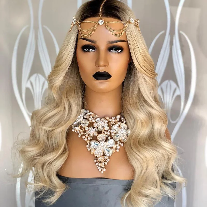 Silky Straight Wave Wig 100% Real Human Hair 613 Blonde Color With Dark Roots Transparent Lace Front Wigs