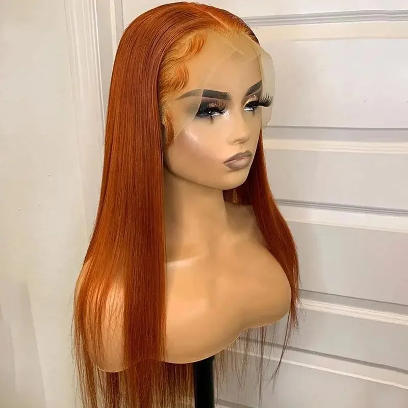 Soft Straight Transparent Ginger Orange Color Part Lace Front Real Human Hair Wig With Baby Human Hair