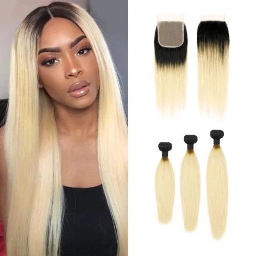 Uniq Hair 100% Virgin Human Hair Brazilian Bundle Hair Weave 7A Straight with 4X4 Closure#OT613