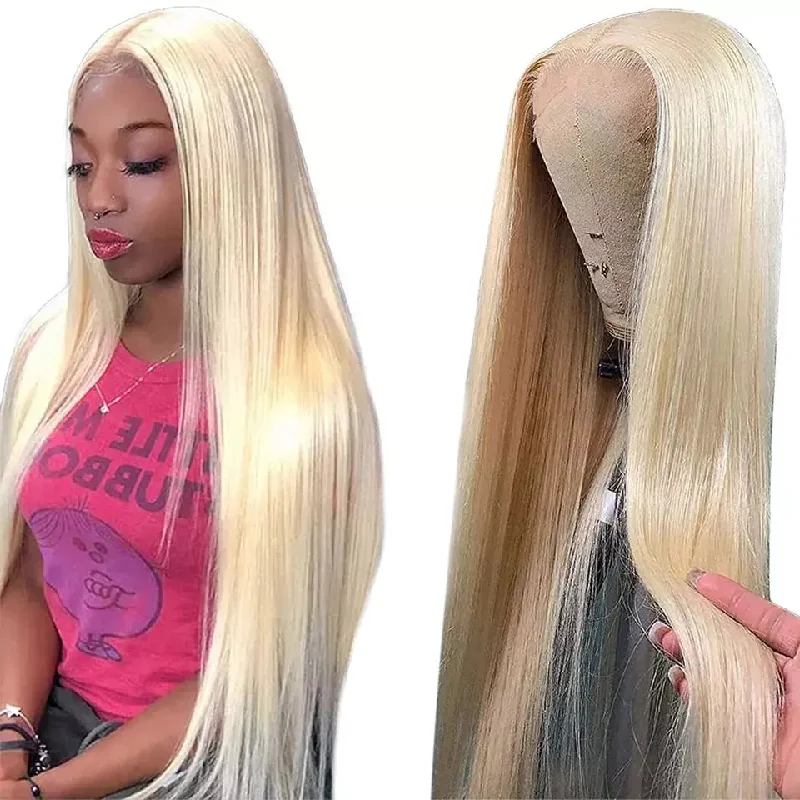 Wholesale 26 Inch 180% #613 Blonde Color Human Remy Hair Transparent Lace 13*4 Lace Front Wig For Women