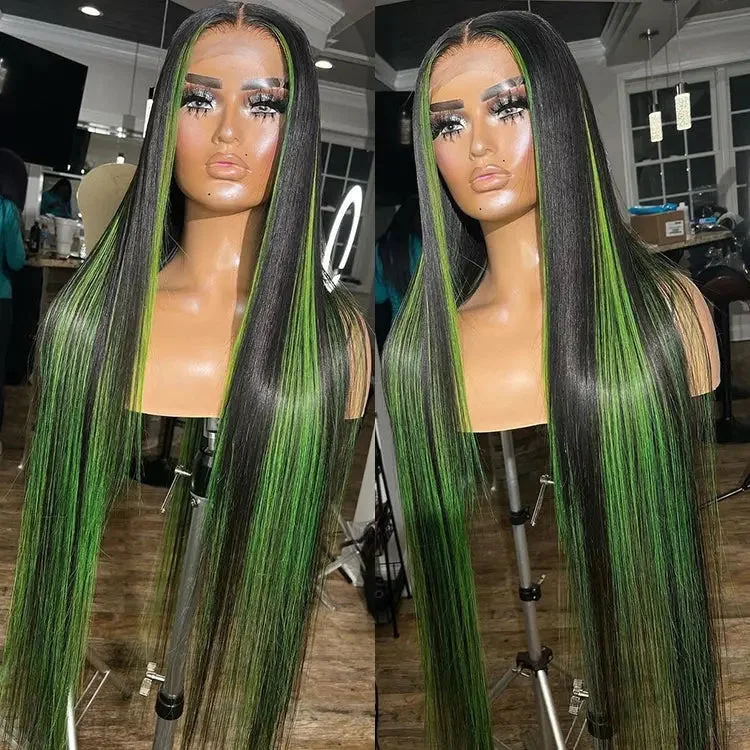 Colored Human Hair Wig Green/Black